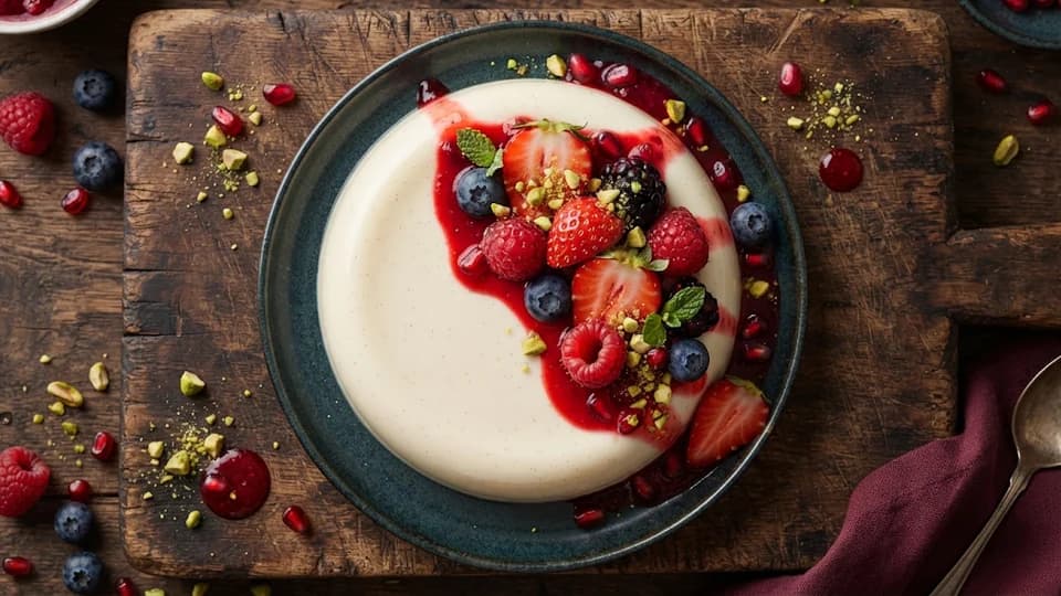 Panna cotta vanille aux fruits rouges, pistaches et coulis — recettes de crèmes, mousses et entremets