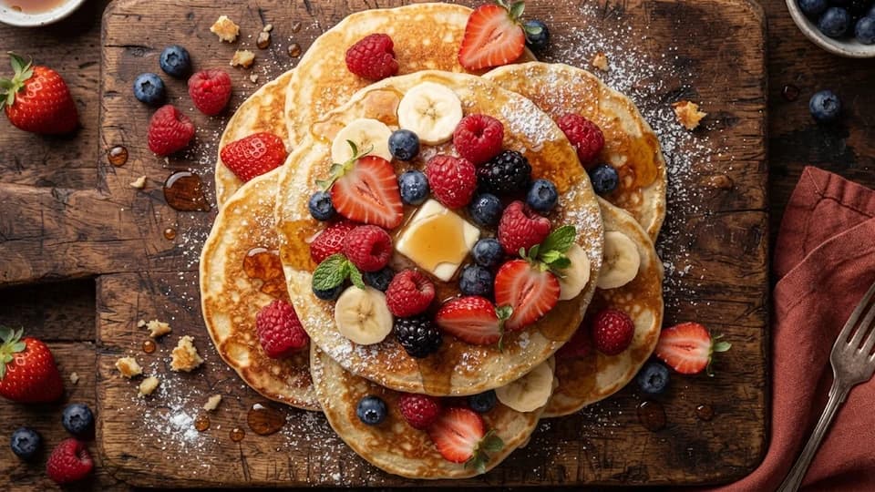 Pancakes aux fraises, framboises, myrtilles et sirop d’érable — recettes de crêpes, galettes et pancakes