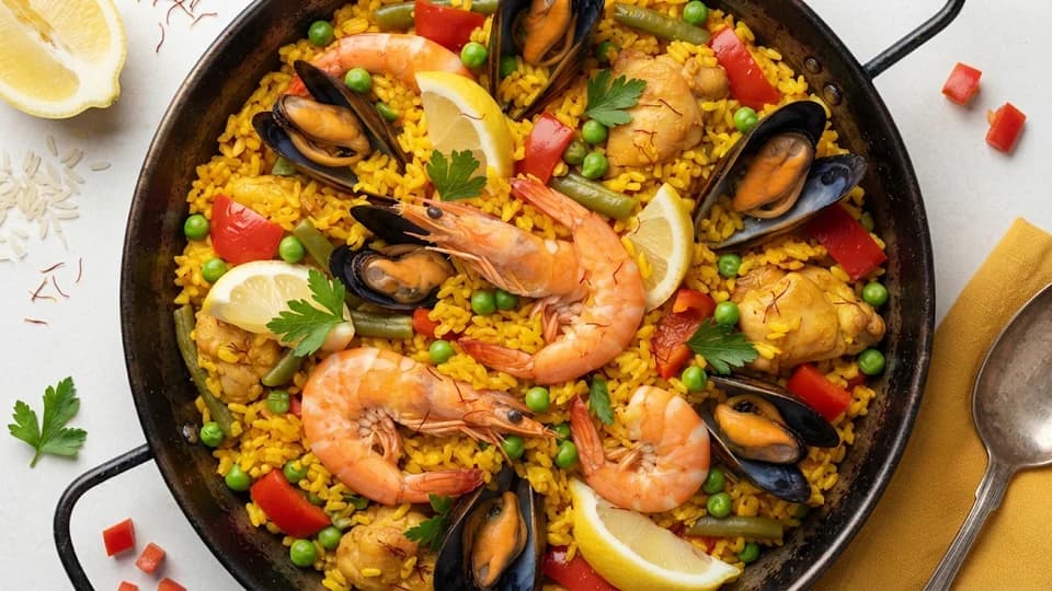 Paella au riz safrané, crevettes, moules et légumes — recettes de riz, risottos et céréales