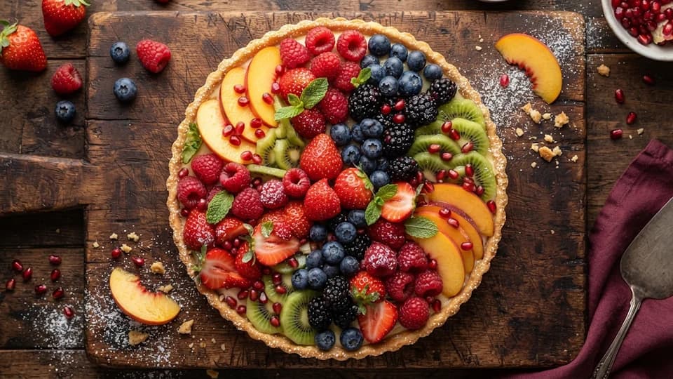 Tarte aux fraises, framboises, myrtilles, mûres, kiwi et pêche — recettes de tartes et desserts aux fruits