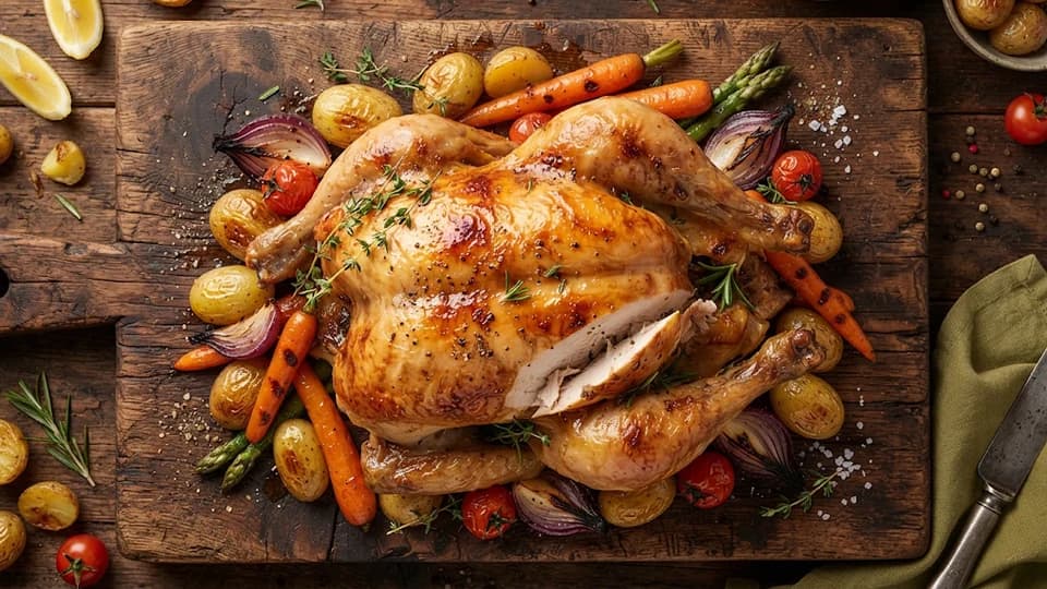 Poulet rôti doré aux pommes de terre, carottes et herbes — recettes de volailles