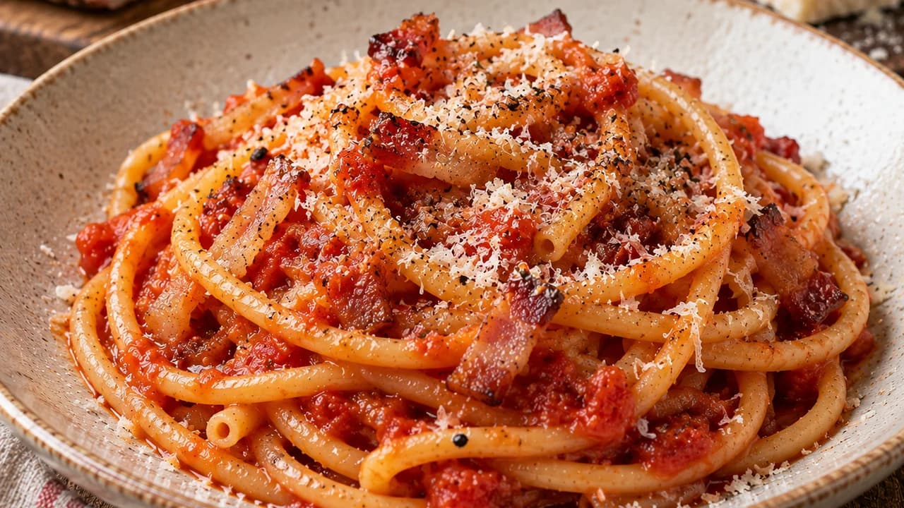 Pâtes longues à la sauce tomate, guanciale et pecorino