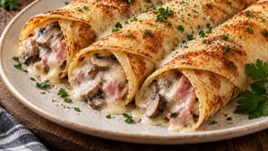 Découvrir la recette Crêpes roulées au jambon, champignons et crème