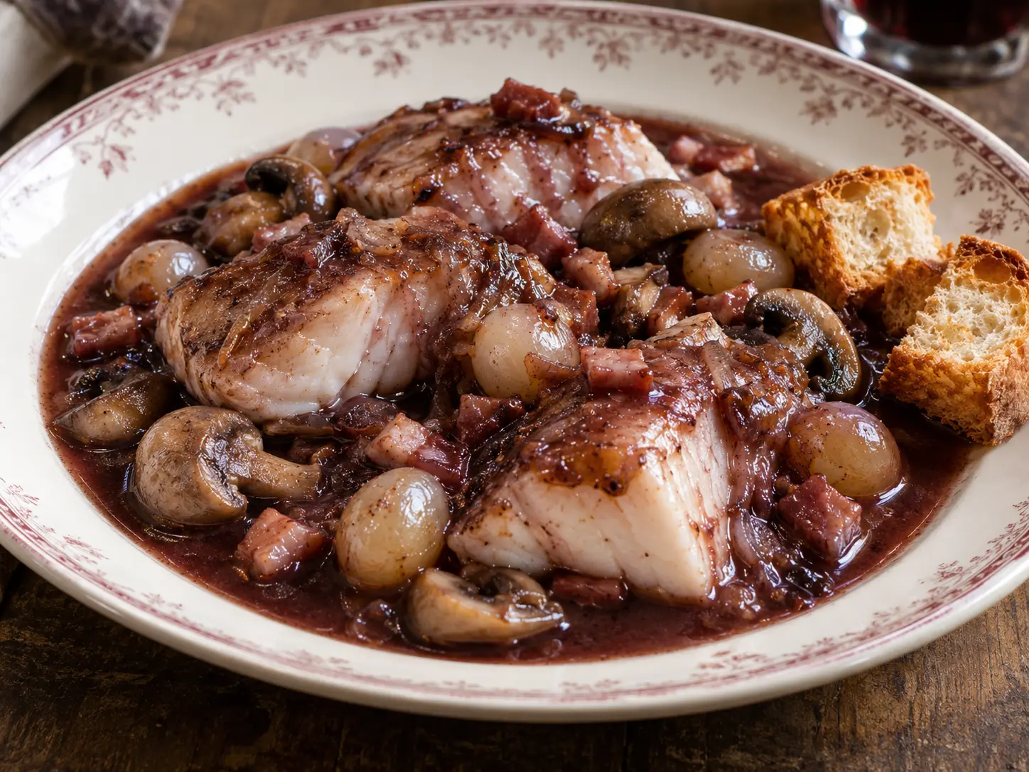Matelote de poissons au vin rouge