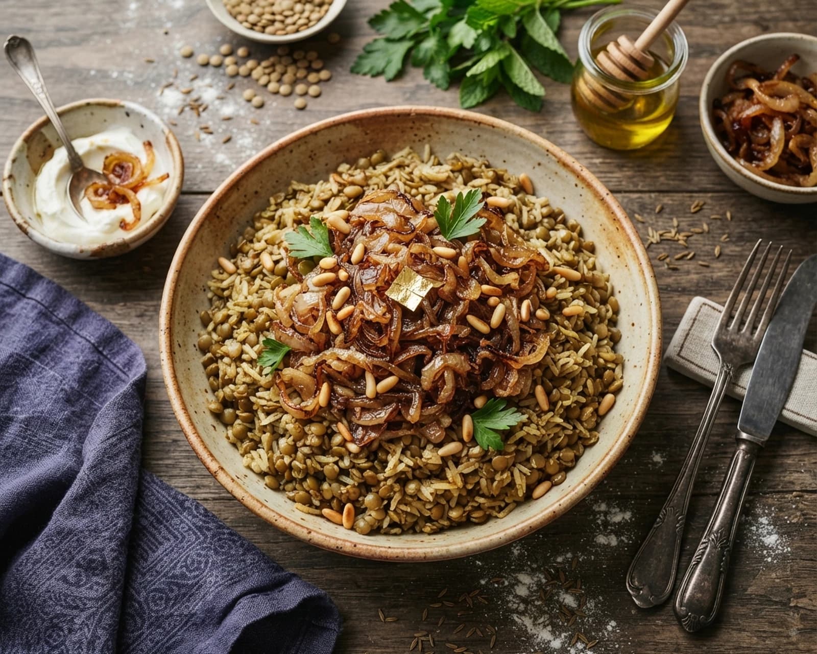 Lentilles et riz libanais aux oignons caramélisés