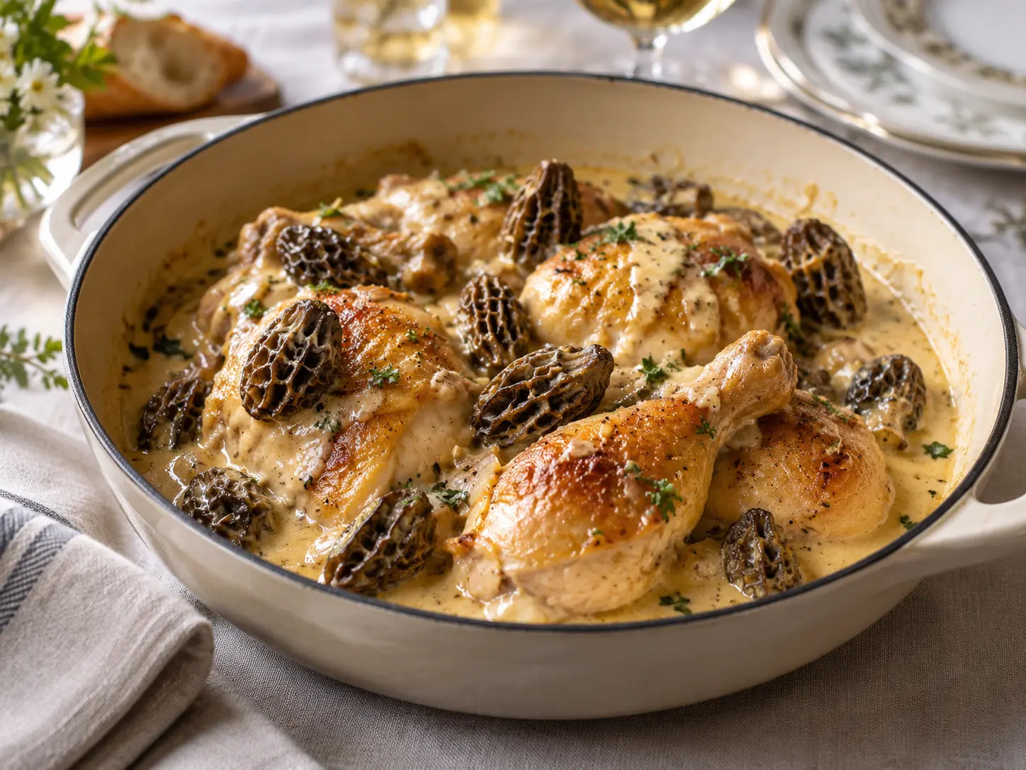 Poulet au vin jaune et aux morilles