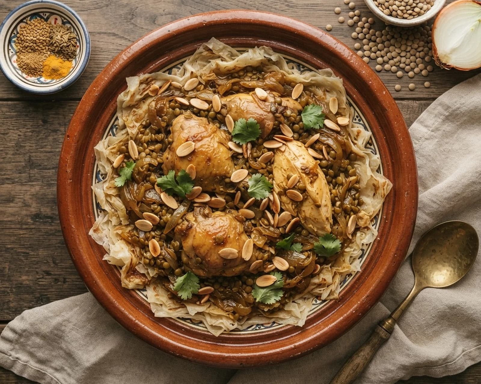 Poulet marocain aux lentilles et crêpes émiettées