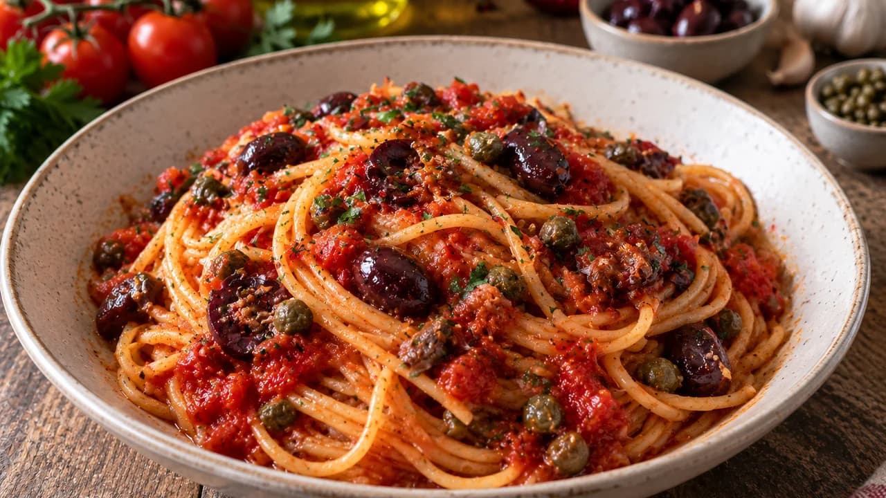 Spaghettis à la tomate, olives et câpres