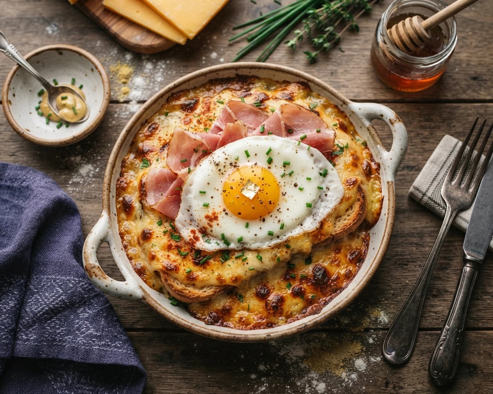 Tartine gratinée au cheddar, jambon et œuf