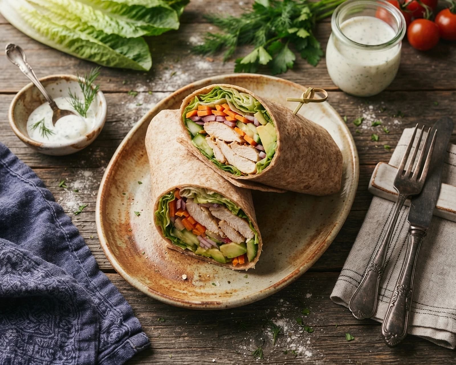 Galette roulée froide au poulet et aux crudités