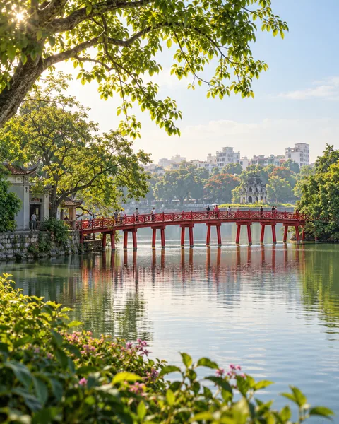 Illustration générée évoquant le lac Hoàn Kiếm à Hanoï.