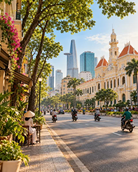 Illustration générée évoquant les avenues et le paysage urbain de Hô Chi Minh-Ville.