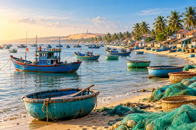 Illustration générée évoquant le littoral et les bateaux de pêche de Phan Thiết.