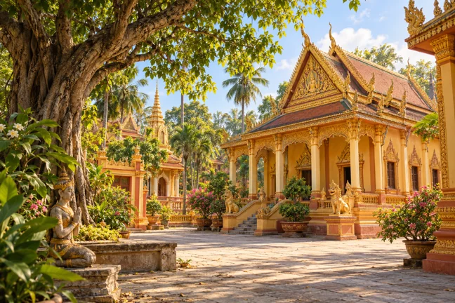 Illustration générée évoquant un temple khmer à Trà Vinh.