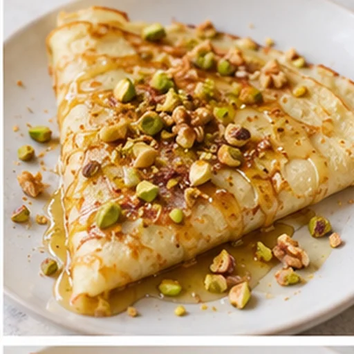 Crêpe pliée aux pistaches, noix et sirop de miel