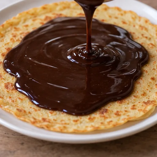 Ganache au chocolat noir versée sur une crêpe chaude
