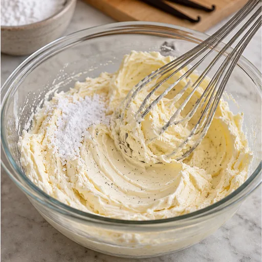 Mascarpone assoupli au fouet avec vanille et sucre glace