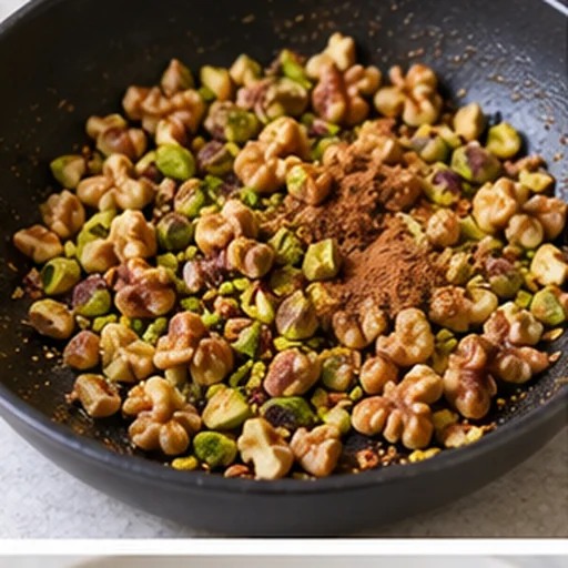 Pistaches et noix concassées grillées avec la cannelle