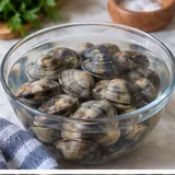 Palourdes trempant dans de l’eau salée pour éliminer le sable