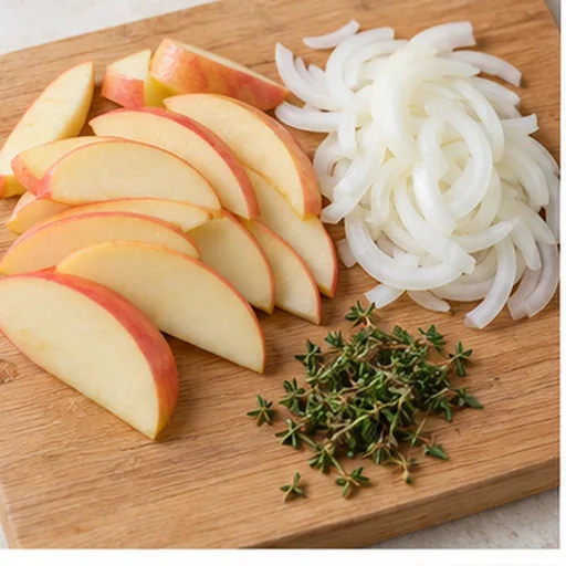 Pommes en quartiers, oignons émincés et thym préparés