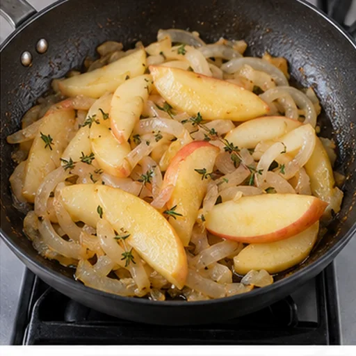 Quartiers de pommes et oignons fondants cuits au thym