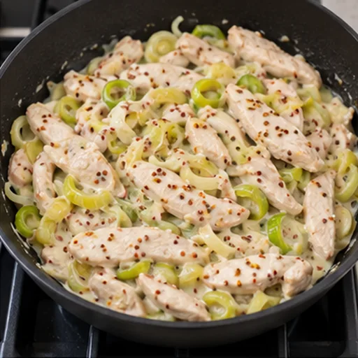 Dinde cuite, poireaux et sauce crémeuse à la moutarde à l’ancienne