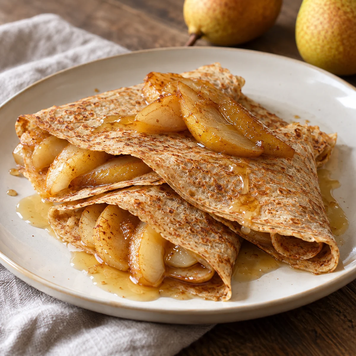 Crêpes à la farine d’épeautre, au miel et aux poires