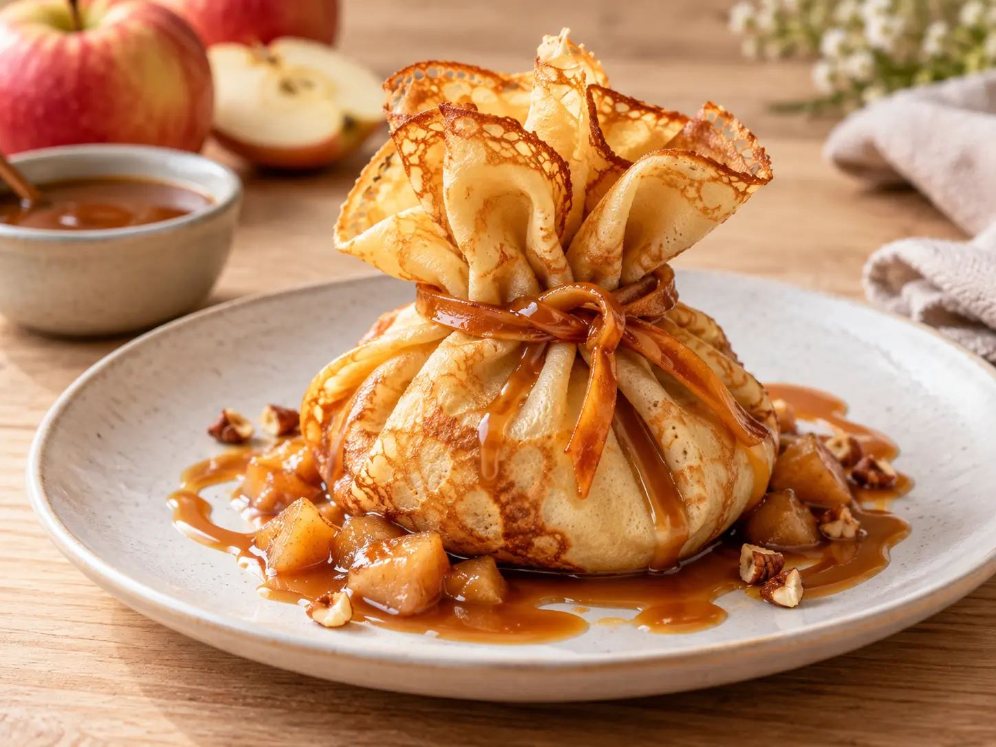 Aumônières de crêpes aux pommes et au caramel