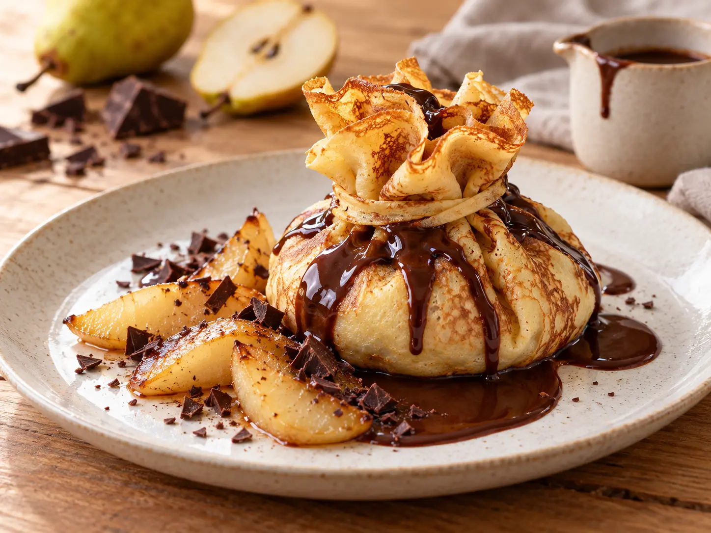 Aumônières de crêpes aux poires et au chocolat