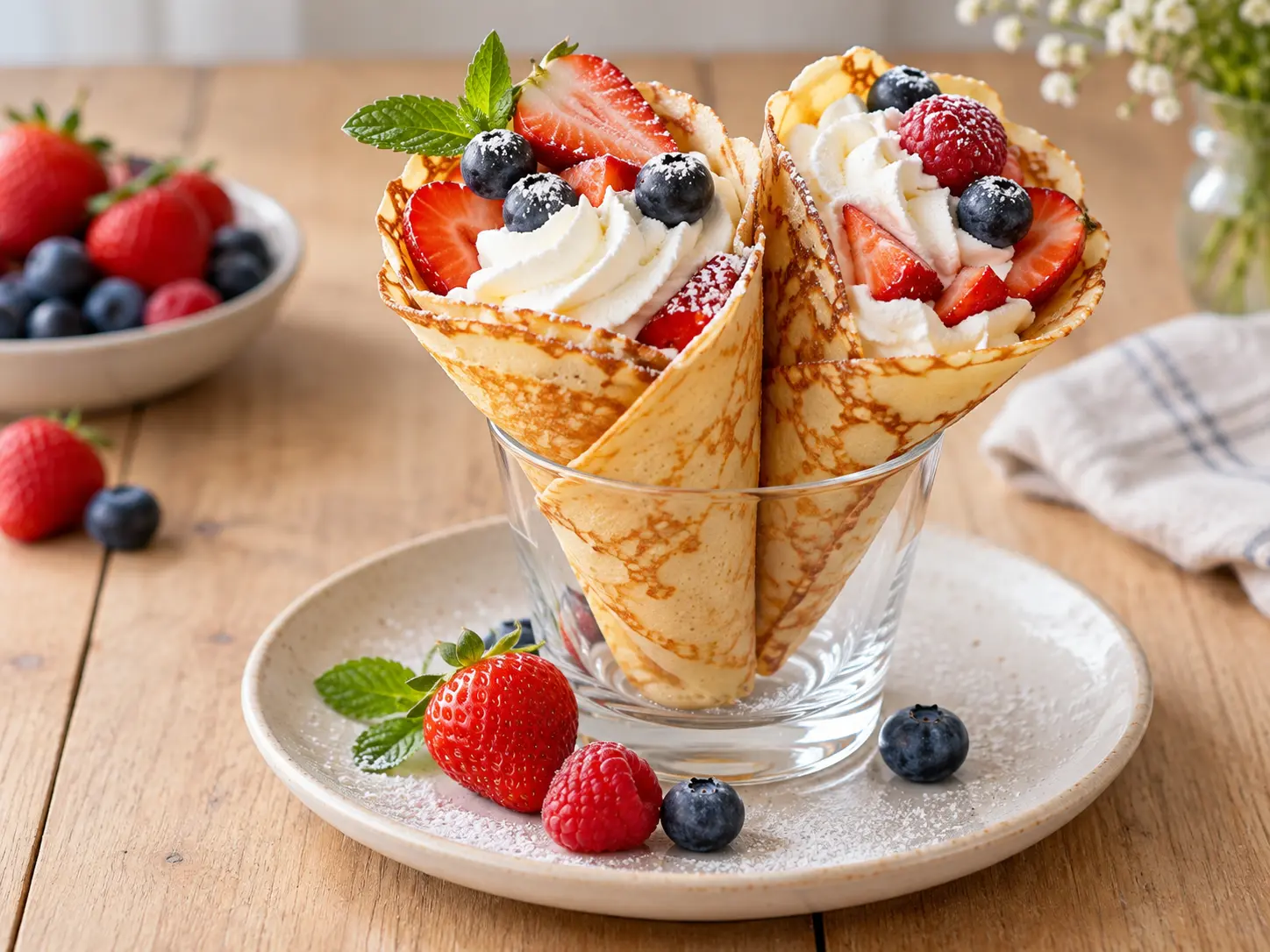 Cornets de crêpes aux fruits et à la chantilly
