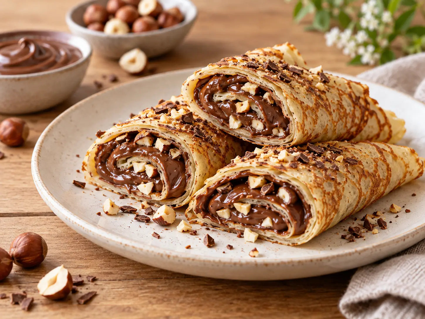 Crêpes roulées au chocolat et aux noisettes