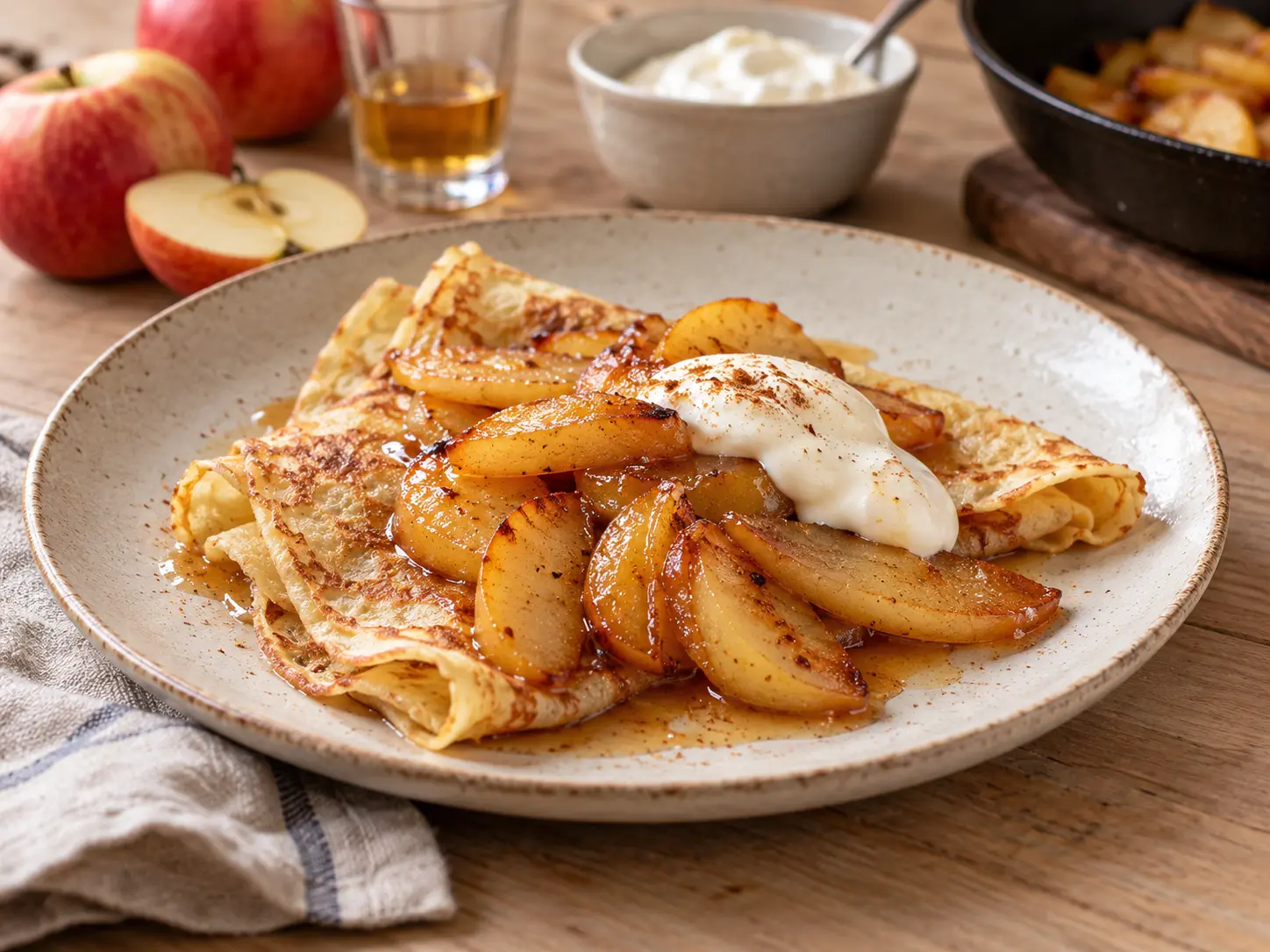 Crêpes aux pommes, calvados et crème fraîche