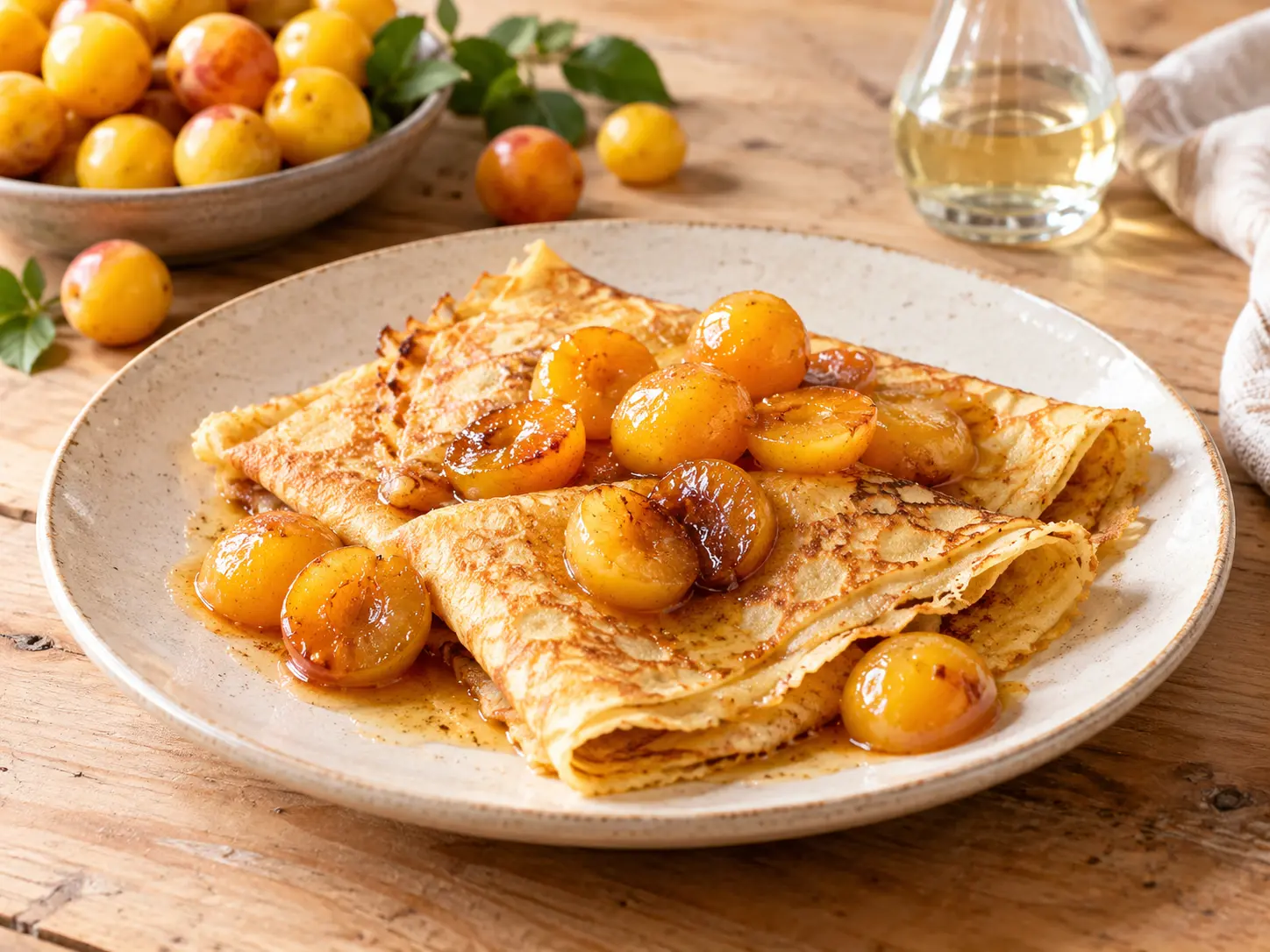 Crêpes à la mirabelle et à l’eau-de-vie
