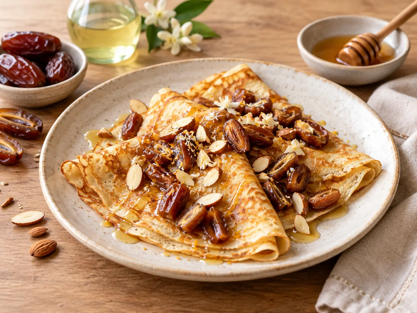 Crêpes aux dattes, miel et fleur d’oranger