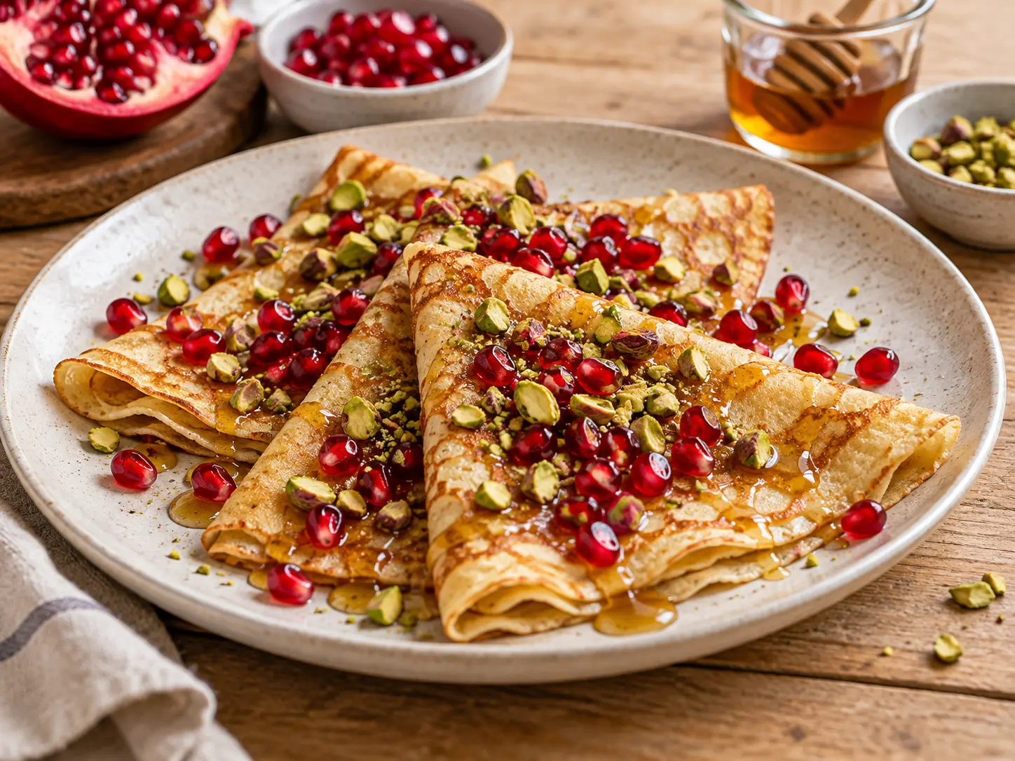 Crêpes à la grenade, au miel et aux pistaches