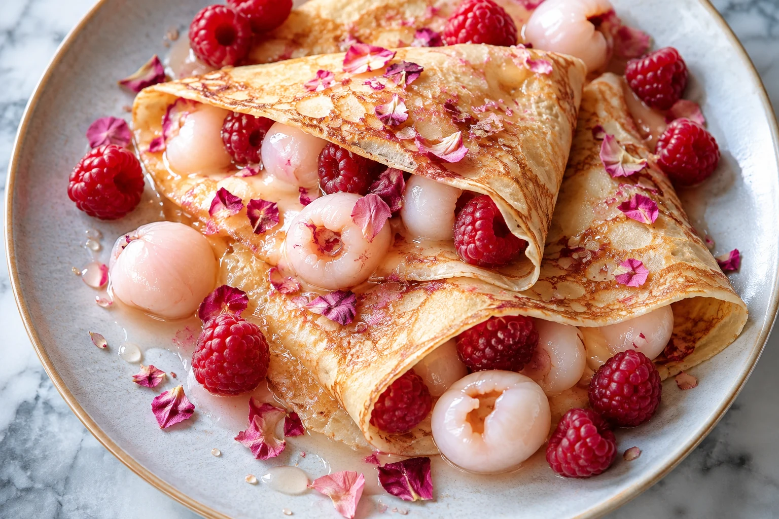Crêpes aux litchis, framboises et eau de rose