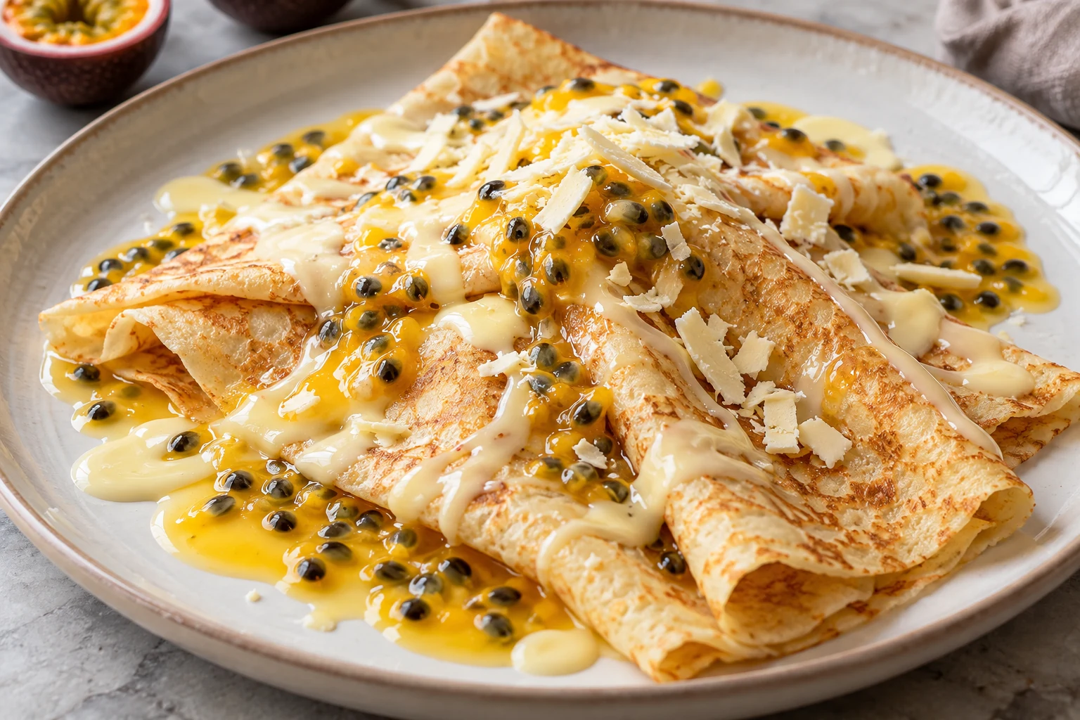 Crêpes au fruit de la passion et au chocolat blanc