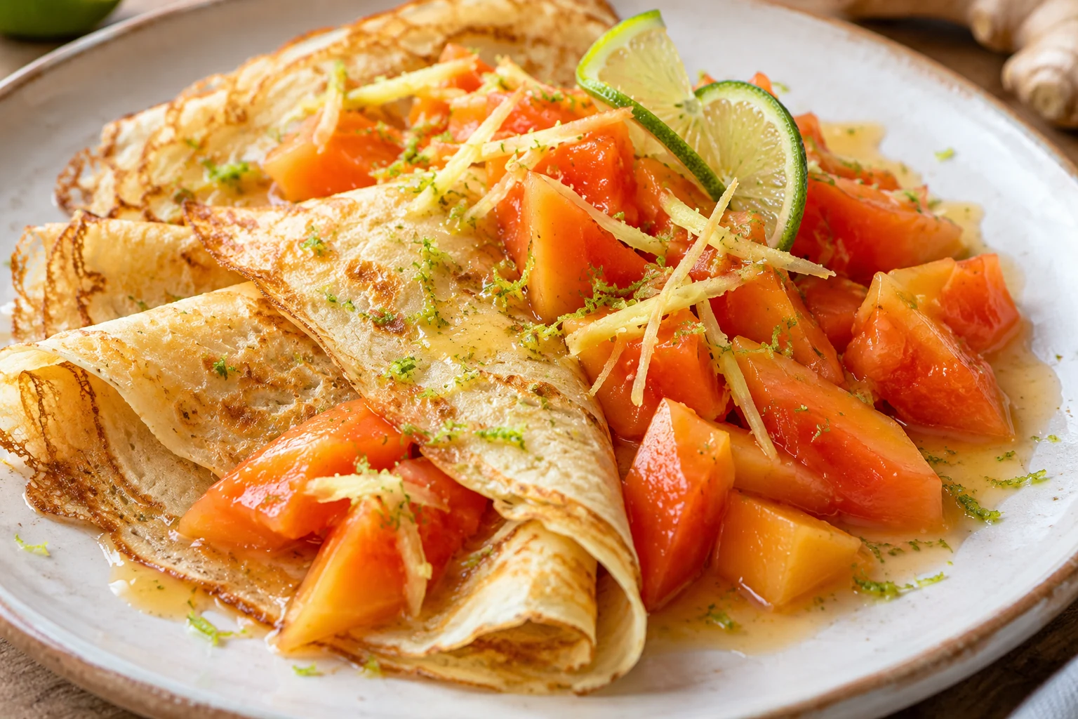 Crêpes à la papaye, au citron vert et au gingembre