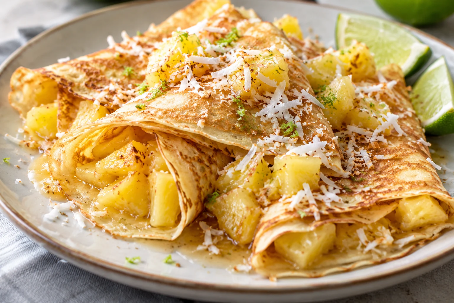 Crêpes à l’ananas, à la noix de coco et au citron vert