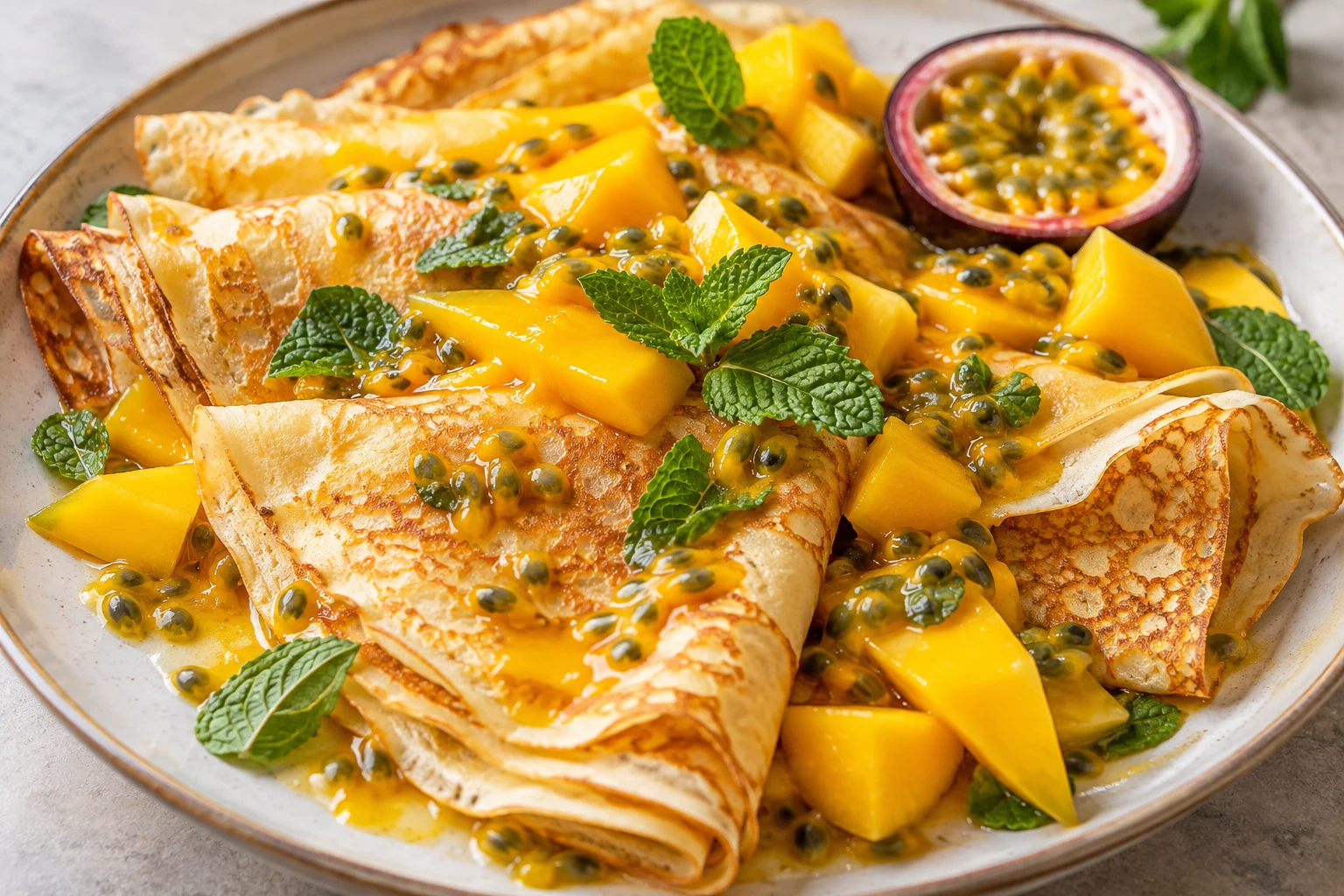 Crêpes à la mangue, au fruit de la passion et à la menthe