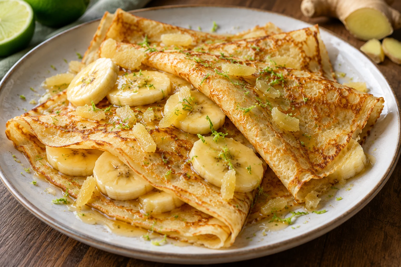 Crêpes à la banane, au citron vert et au gingembre