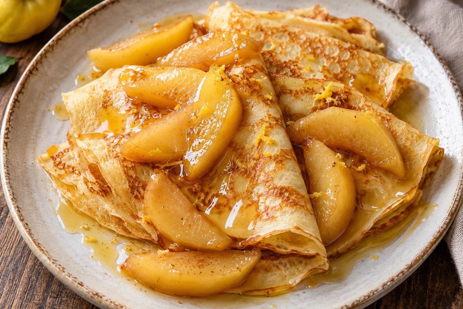 Crêpes aux coings pochés et au miel