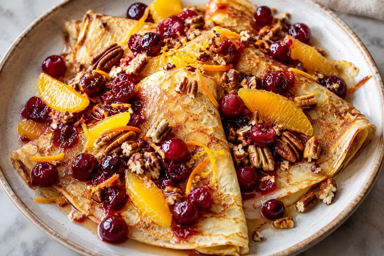 Crêpes aux canneberges, orange et noix de pécan