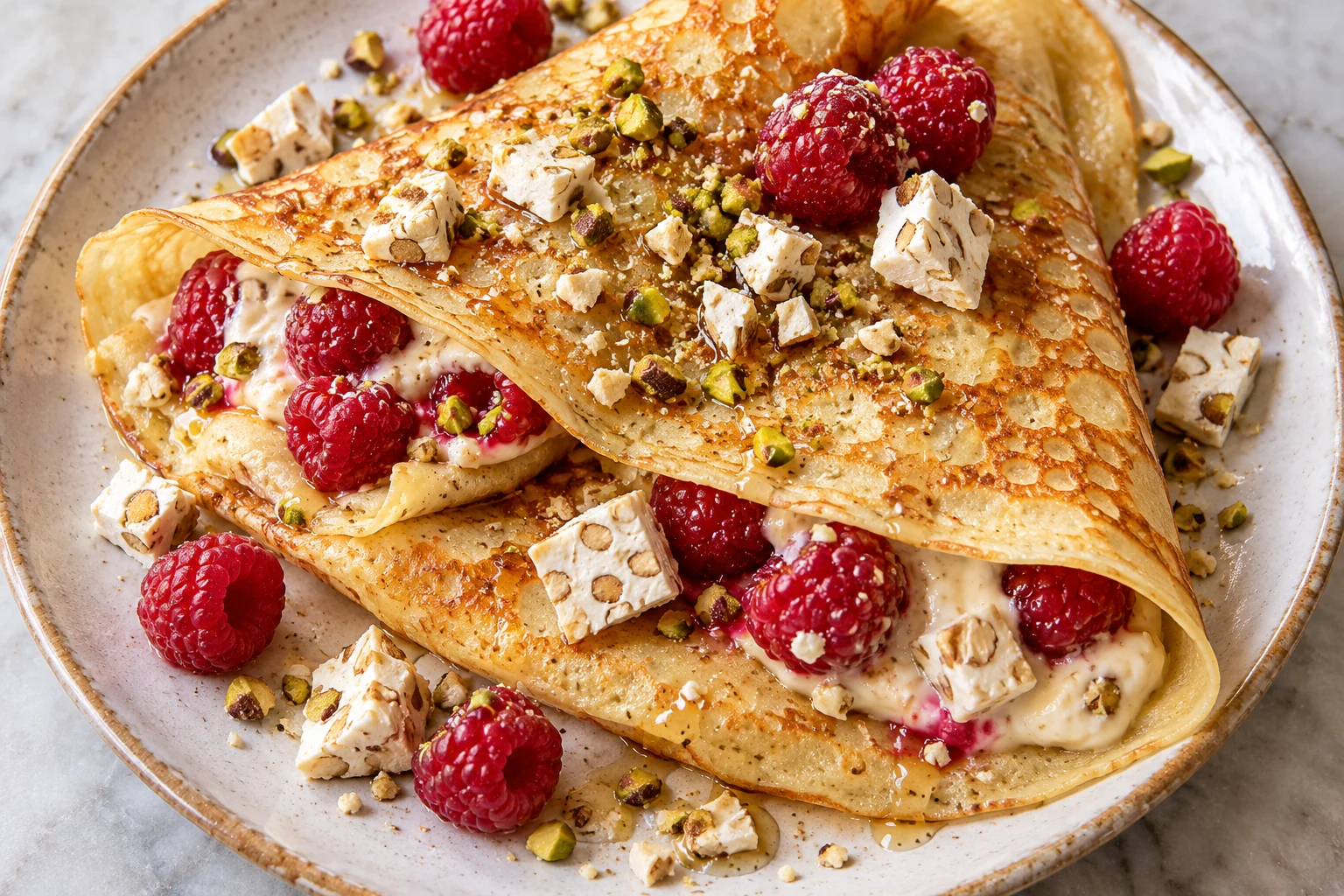 Crêpes aux framboises et au nougat
