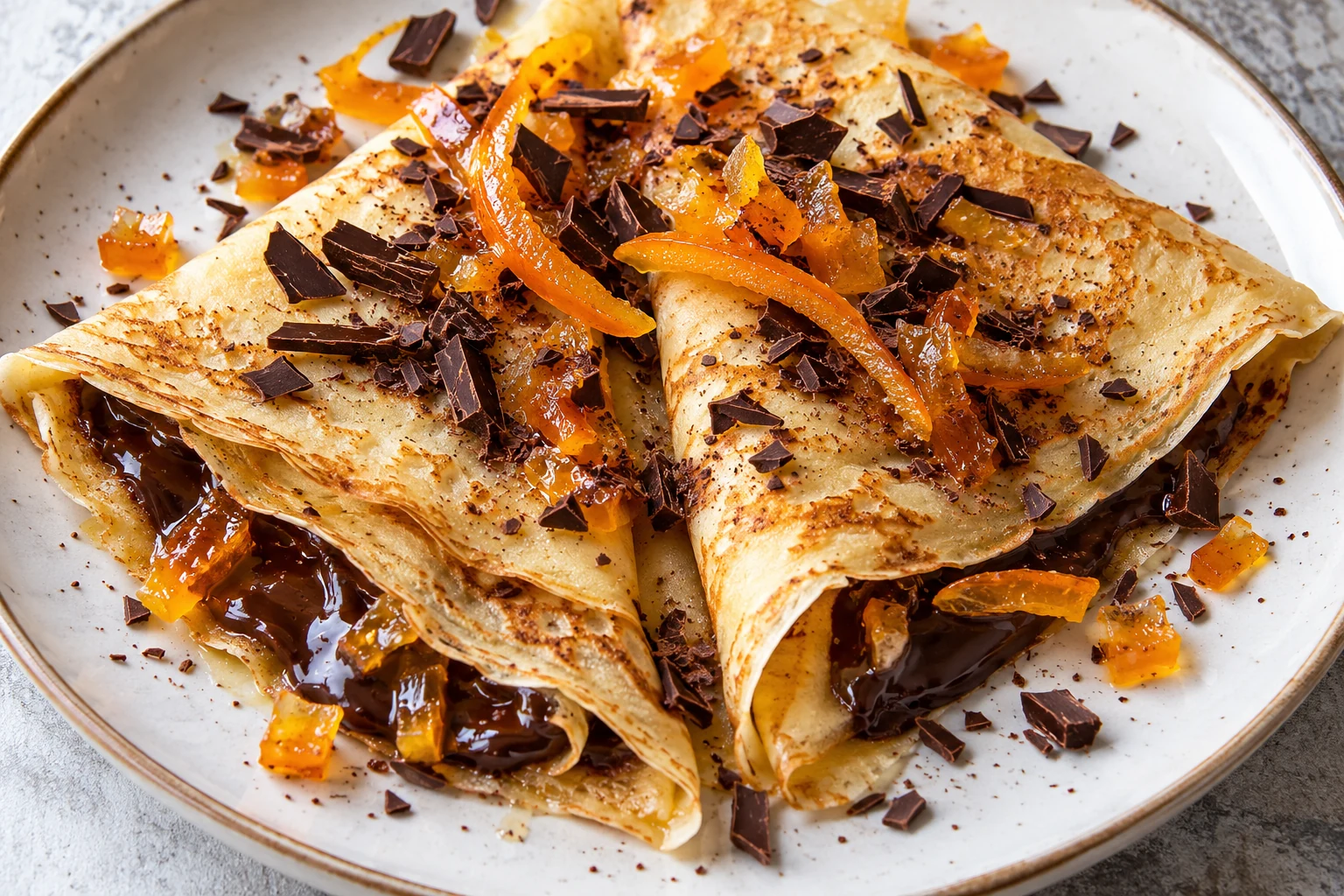 Crêpes au chocolat noir et à l’orange confite