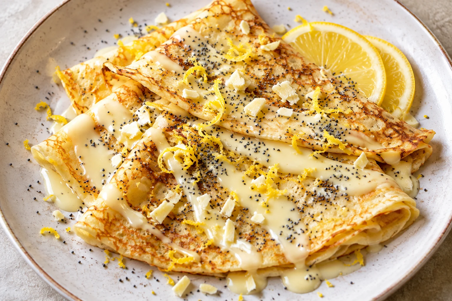 Crêpes au chocolat blanc, citron et pavot