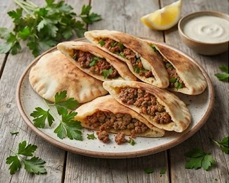 Arayes présenté dans son plat de service, avec sa texture et sa garniture visibles
