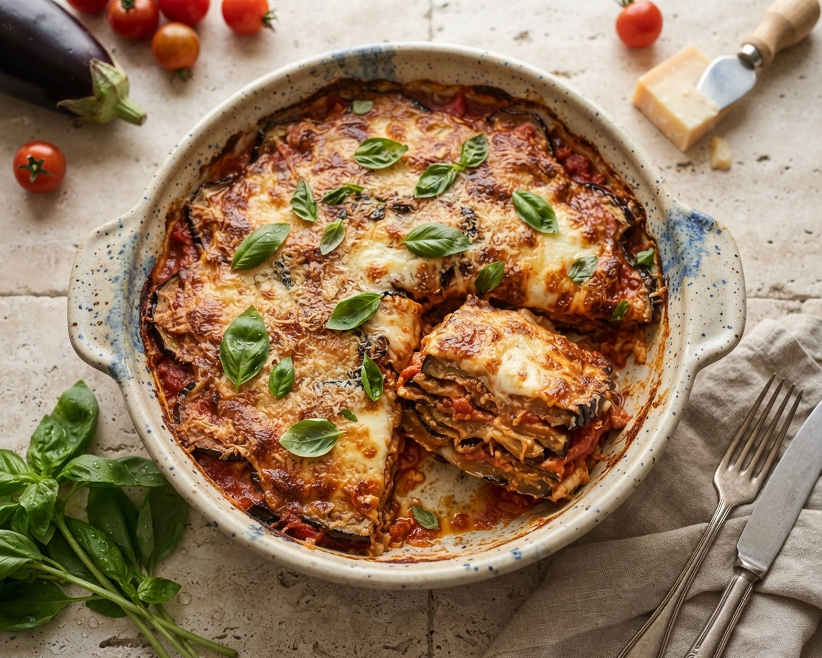 Aubergines à la parmigiana présenté dans son plat de service, avec sa texture et sa garniture visibles