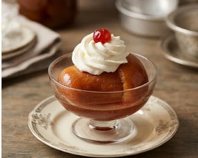 Baba au rhum imbibé de sirop et garni de chantilly