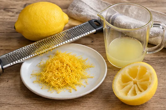 Cake au citron : prélever les zestes et mesurer le jus, zestes fins et 40 ml de jus sans pépins.